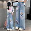 Джинсы с рисунком из мультфильмов для девочек, свободные прямые джинсовые брюки для детей, весна-осень, корейский стиль, длинные брюки