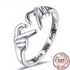 100% Silver 925 Hollow Romantic Heart Hand Hug Open Rings for Women Teen Girls Adjustable Finger Ring Punk Gesture