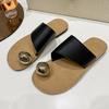 Flat Bottom One-word Slippers Summer New Outer Wear Beach Sandals Niche Metal Cover Toe One Pedal Slippers Women