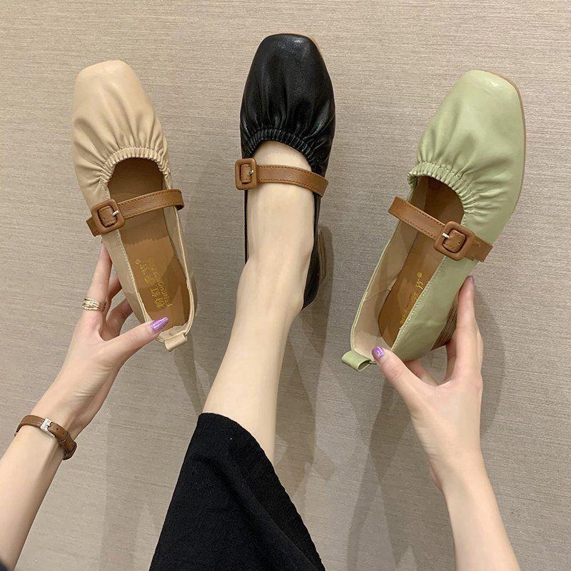 Square Head Single Shoes Women's Pleated Thick Heel Mary Jane Grandma Shoes Fashionable Versatile Word with Comfortable Fairy Shoes Gentle Wind