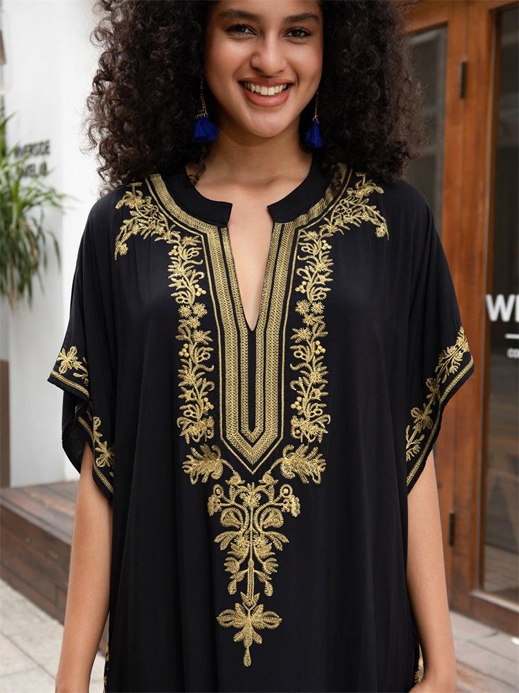 EDOLYNSA 2024 Women's Elegant Premium Gold Thread Embroidery Plus Size Kaftan Dress Summer Sexy Deep V Neck Short Sleeve Beachwear Swimwear Coverups