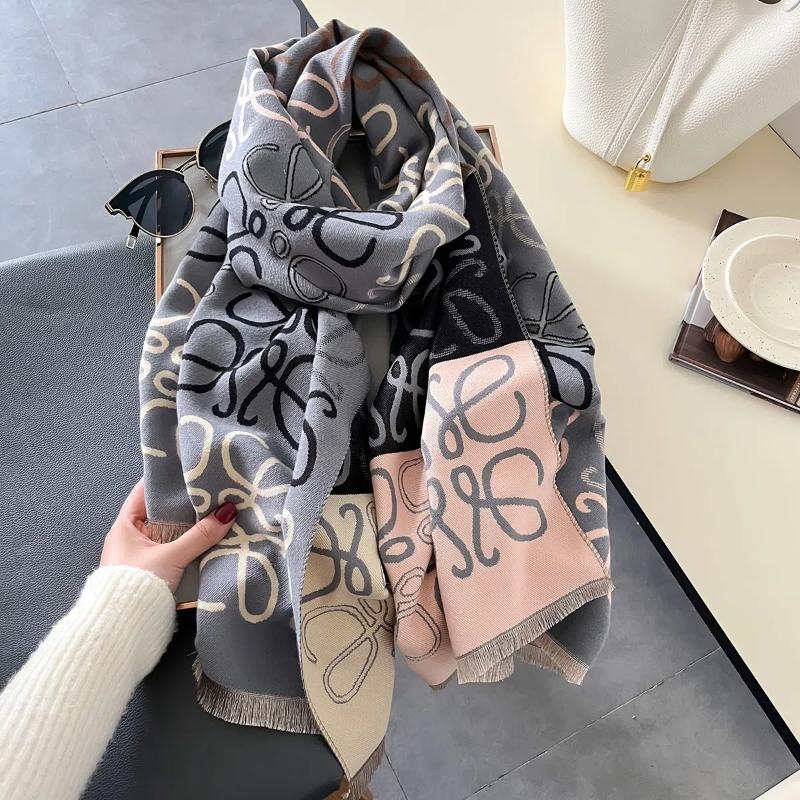 2024 Новый осенне-зимний женский теплый цветочный шарф с геометрическим узором, клетчатый двухсторонний жаккардовый шарф с имитацией кашемира