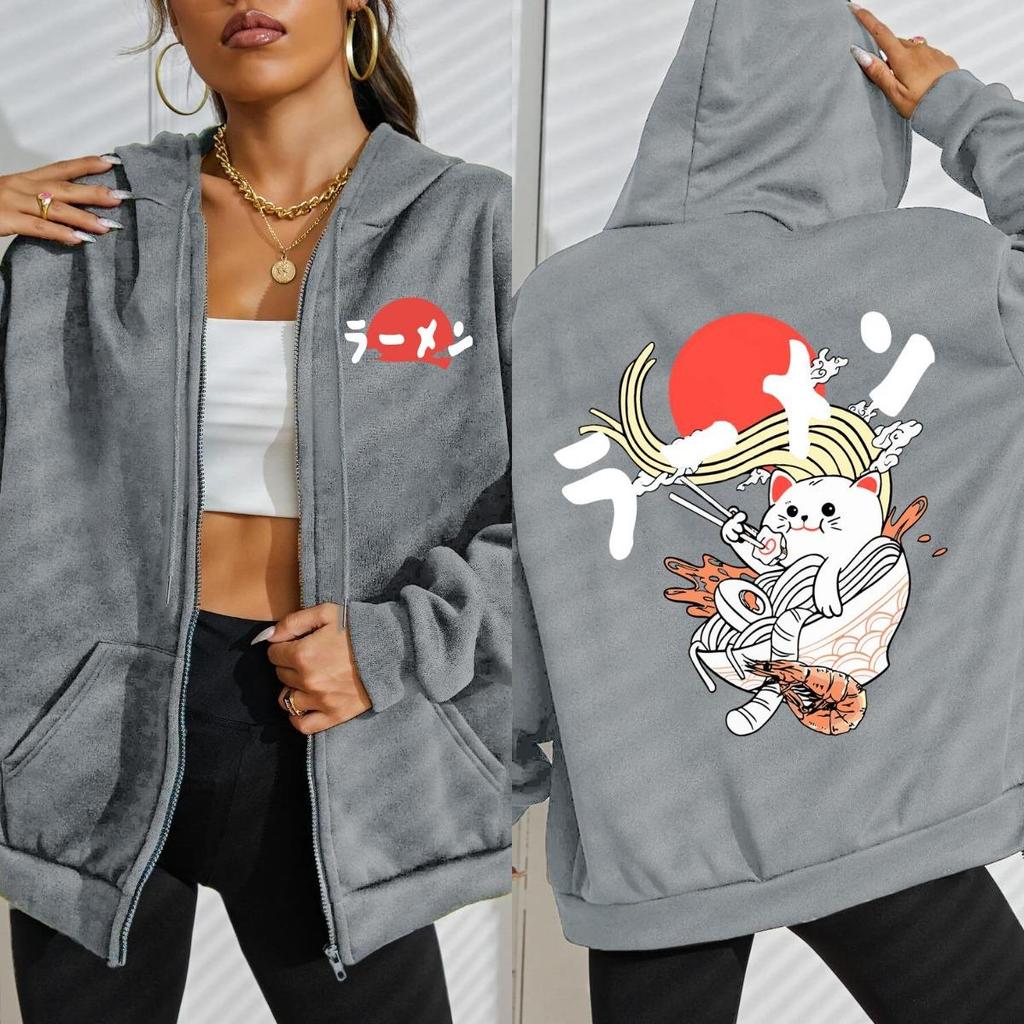 Японский Вкусный Лапша Кошка Принты Толстовка на молнии Женская Уличная Флисовая Худи Модная Спортивная одежда Осень Свободная Спортивная одежда