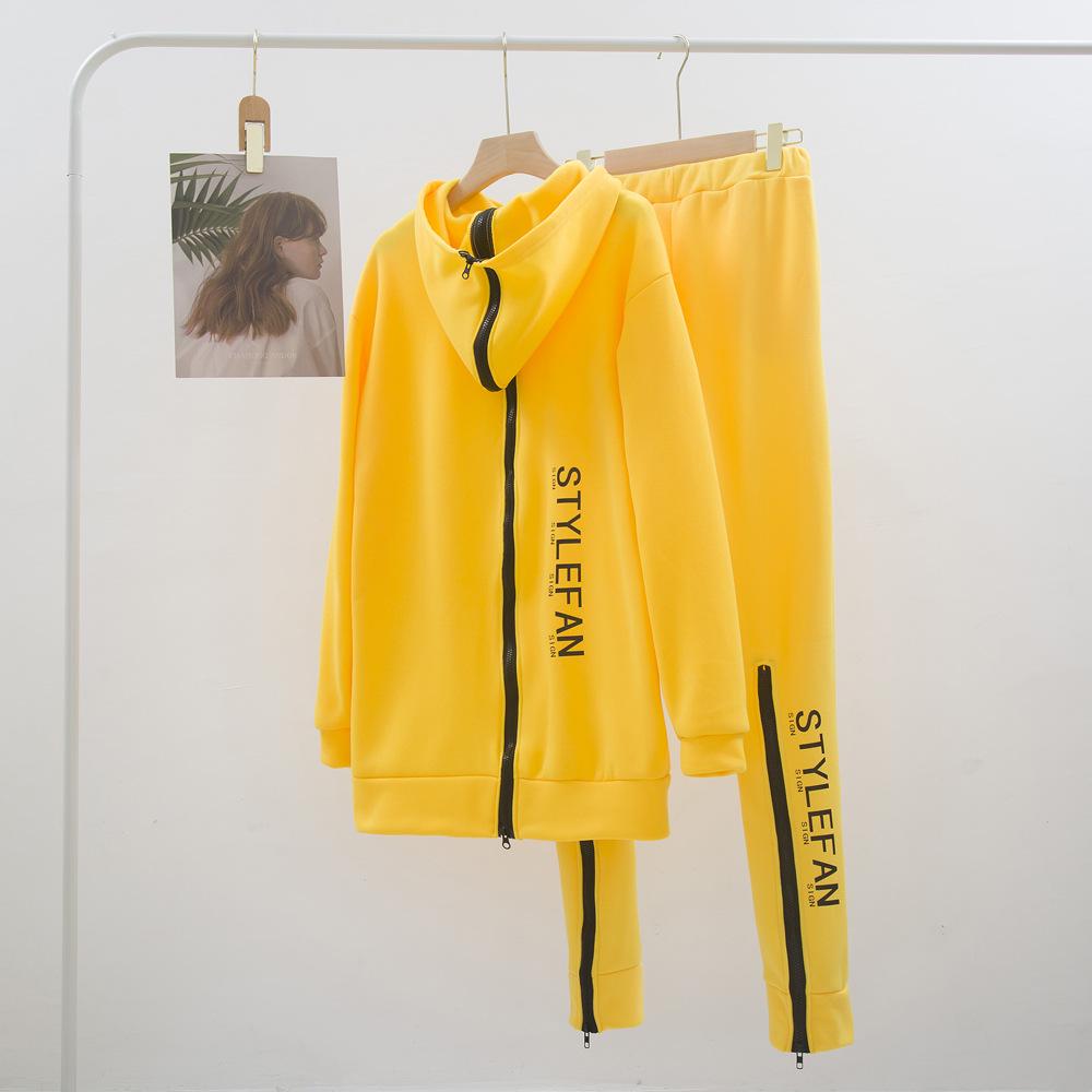 Women's Autumn/Winter Loose Fit Letter Print Zip-Up Sweater and Trousers Set