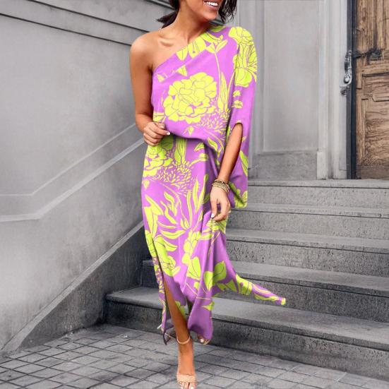 Женское платье макси на одно плечо с рукавами «летучая мышь» и цветочным принтом, длинное платье с разрезом