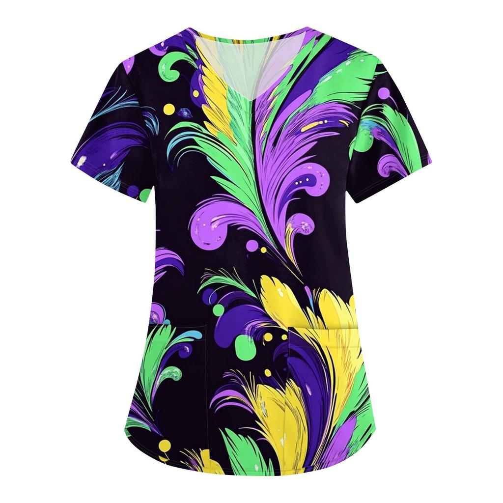 Женская карнавальная принтовая свободная униформа с V-образным вырезом и карманом с коротким рукавом