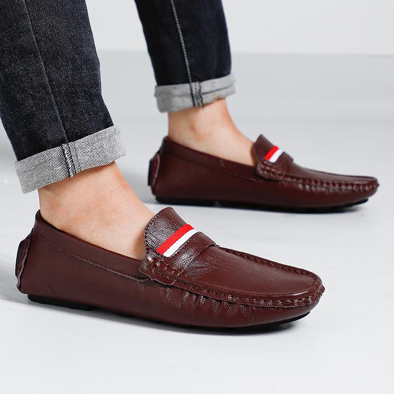 Модная мужская кожаная обувь-бобы, балетки, повседневные лоферы, большой размер 38-47, корейский стиль, уличная, нескользящая, кожаная обувь для вождения