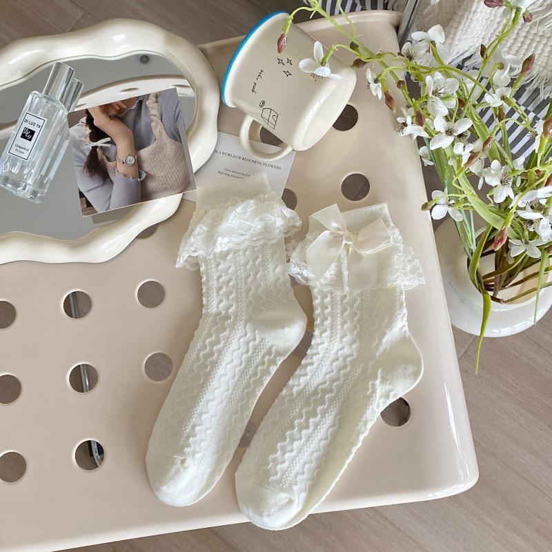 Женские весенне-летние носки с милым кружевным краем и бантом в рубчик
