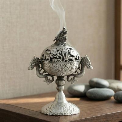 Винтажная металлическая аромалампа из сплава, полая, на высокой ножке, держатель для благовоний, ручной работы, с двойным драконом, печь для ароматерапии, для чайной церемонии