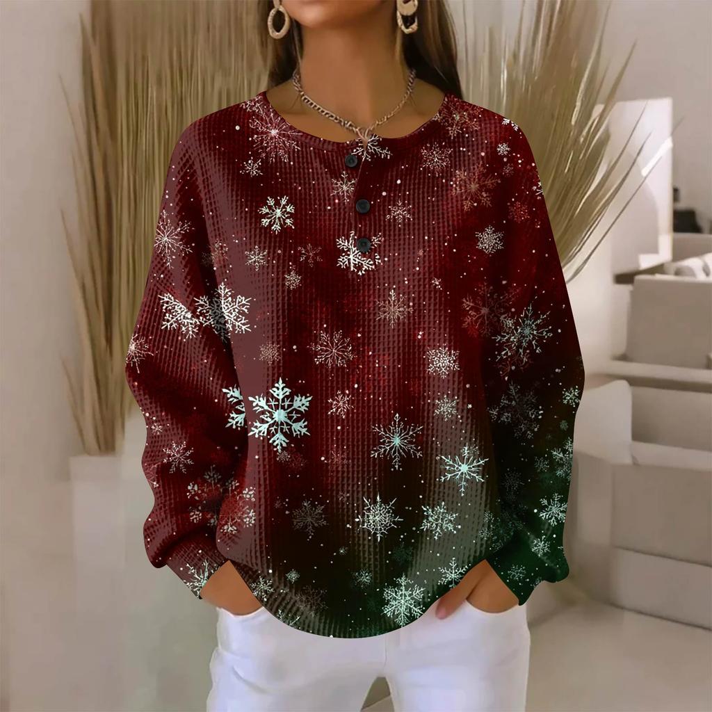 Women's Fashionable Casual Christmas Print V-Neck Long-Sleeved Button-Down Blouse