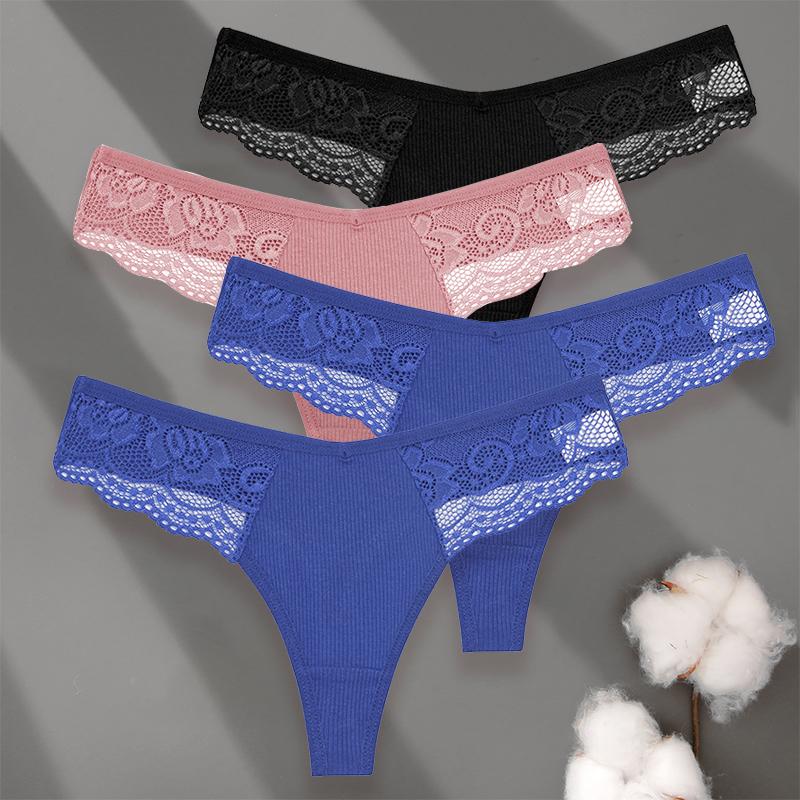 4PCS/Set Sexy V-Waist Women Cotton G-string S-XL Lace Lingerie Panties Thongs Femme Underwear Girls Underpant Intimates