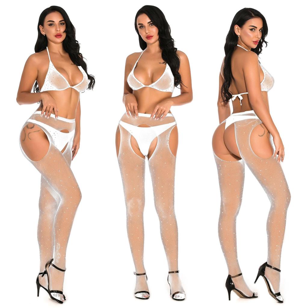 Popular Sexy Bodystocking With Hot Rhinestones Sexy Four-sided Open Mesh Panties Fine Mesh Socks With Rhinestones