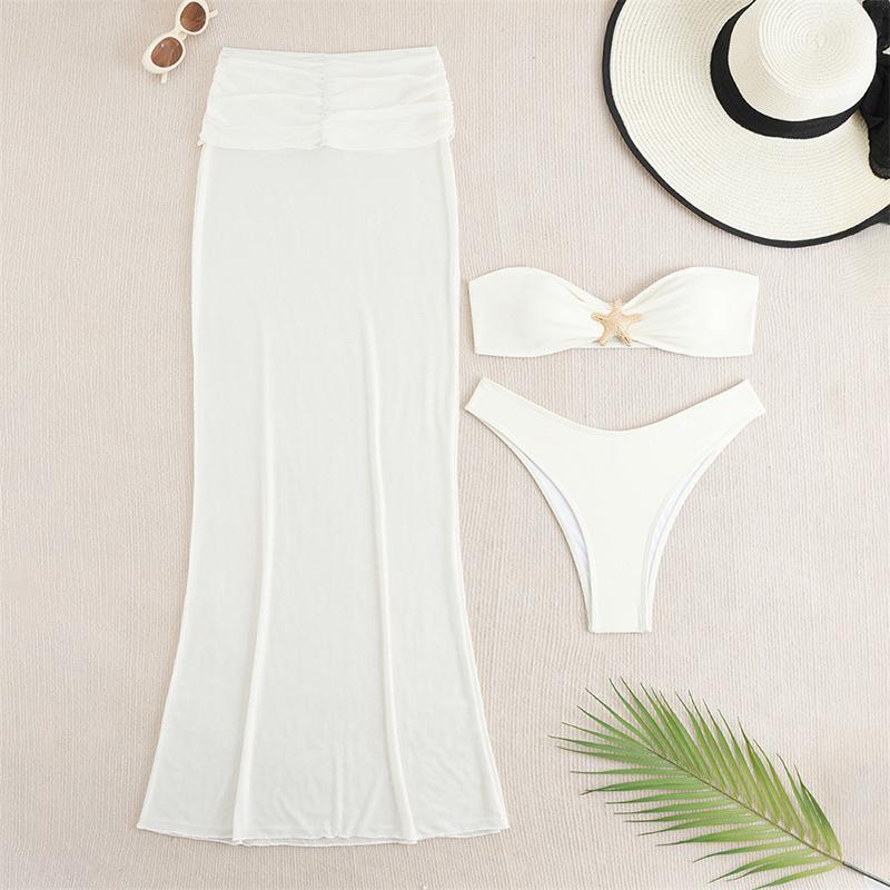 Летние комплекты бикини из трех предметов: топ бикини без бретелей, прикрытия в виде юбки средней длины, пляжная одежда, женский купальник бикини