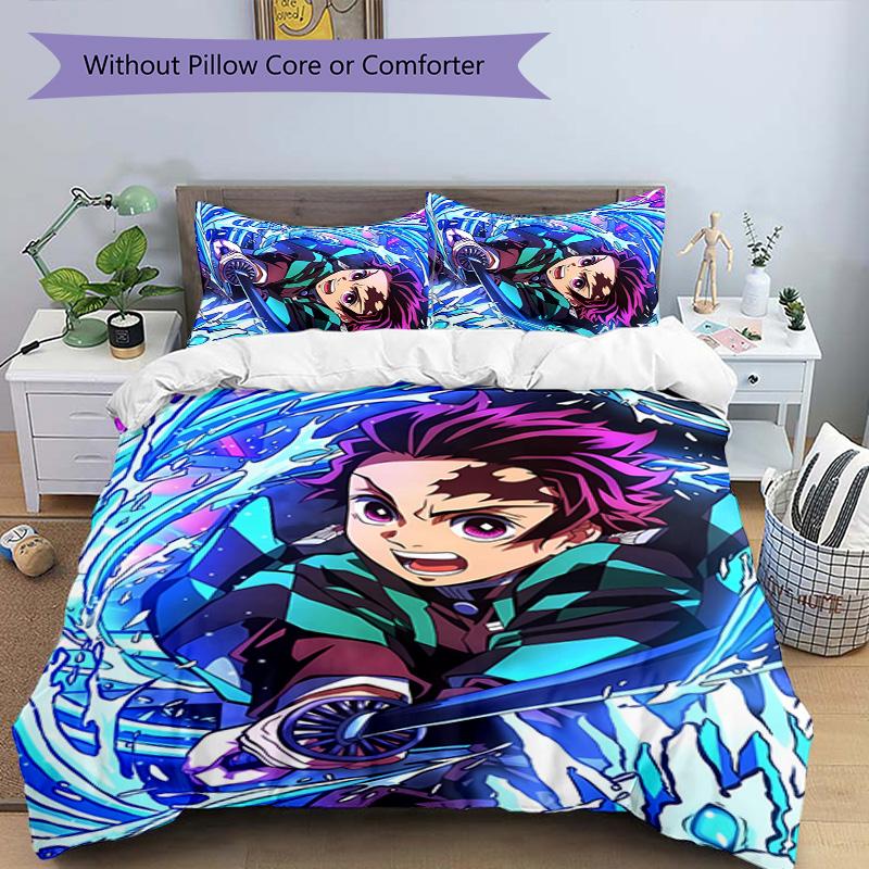 3pcs Demon Slayer Tanjiro Kamado pattern bedding set duvet cover set includes duvet cover &pillowcases, perfect all season bedroom decoration & gift