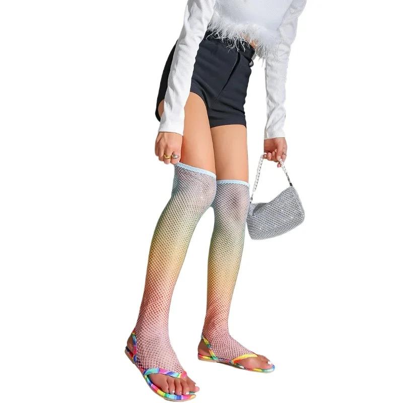 Модная обувь для женщин 2024 года, горячая распродажа, женские сандалии с защипнутым носком, летние римские сетчатые разноцветные высокие повседневные сандалии большого размера на плоской подошве