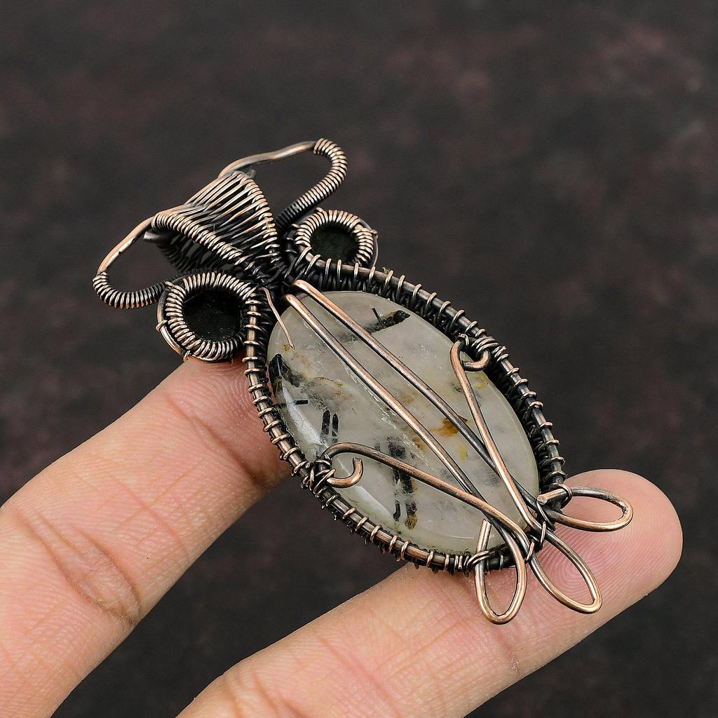 Подвеска с черным рутилом, подвеска, обмотанная медной проволокой, подвеска черного цвета от сглаза, подвеска с драгоценным камнем, ювелирное украшение в виде совы для подарка, медное украшение ручной работы