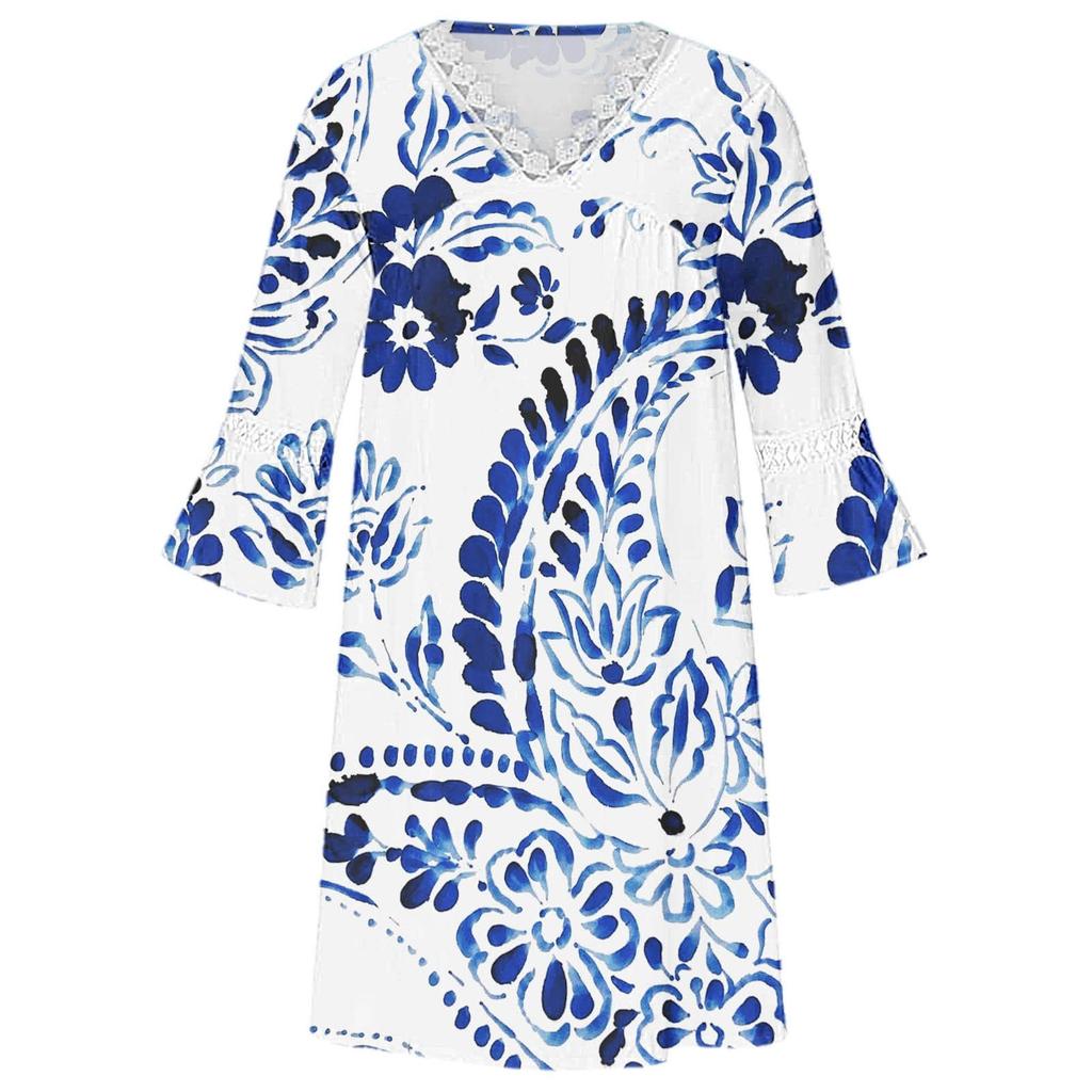 Fashion Women's V-neck Printed Lace Patchwork Bohemian Casual Resort Dress