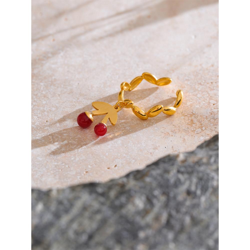 Yhpup Popular Stainless Steel Irregular Resin Cherry Drop Open Ring Gold Color PVD Plated Adjustable Stylish Jewelry 2025