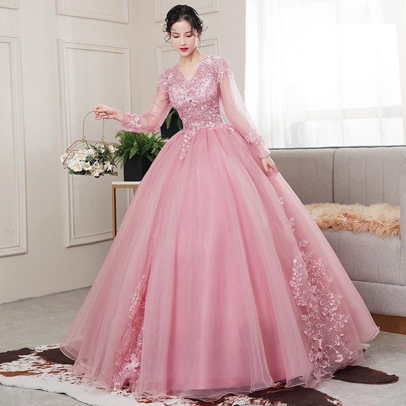 Autumn new product pink temperament elegant colored yarn dress skirt art exam bar mitzvah stage performance performance clothes advanced sense