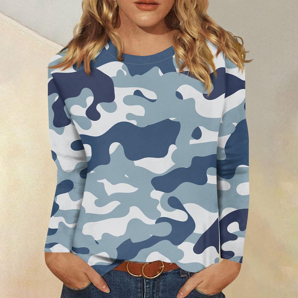 Женская модная повседневная футболка с длинным рукавом и круглым вырезом с камуфляжным принтом