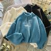 Women Stand Neck Fleece Cropped Hoodies Autumn Letter Embroidery Long Sleeve Drawstring Sweatshirt Elegant Plush Velvet