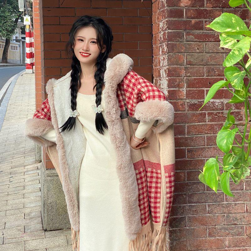 Thickened Warm Shawl Cloak Retro Plaid Hooded Large Fur Collar Coat Women's Clothing