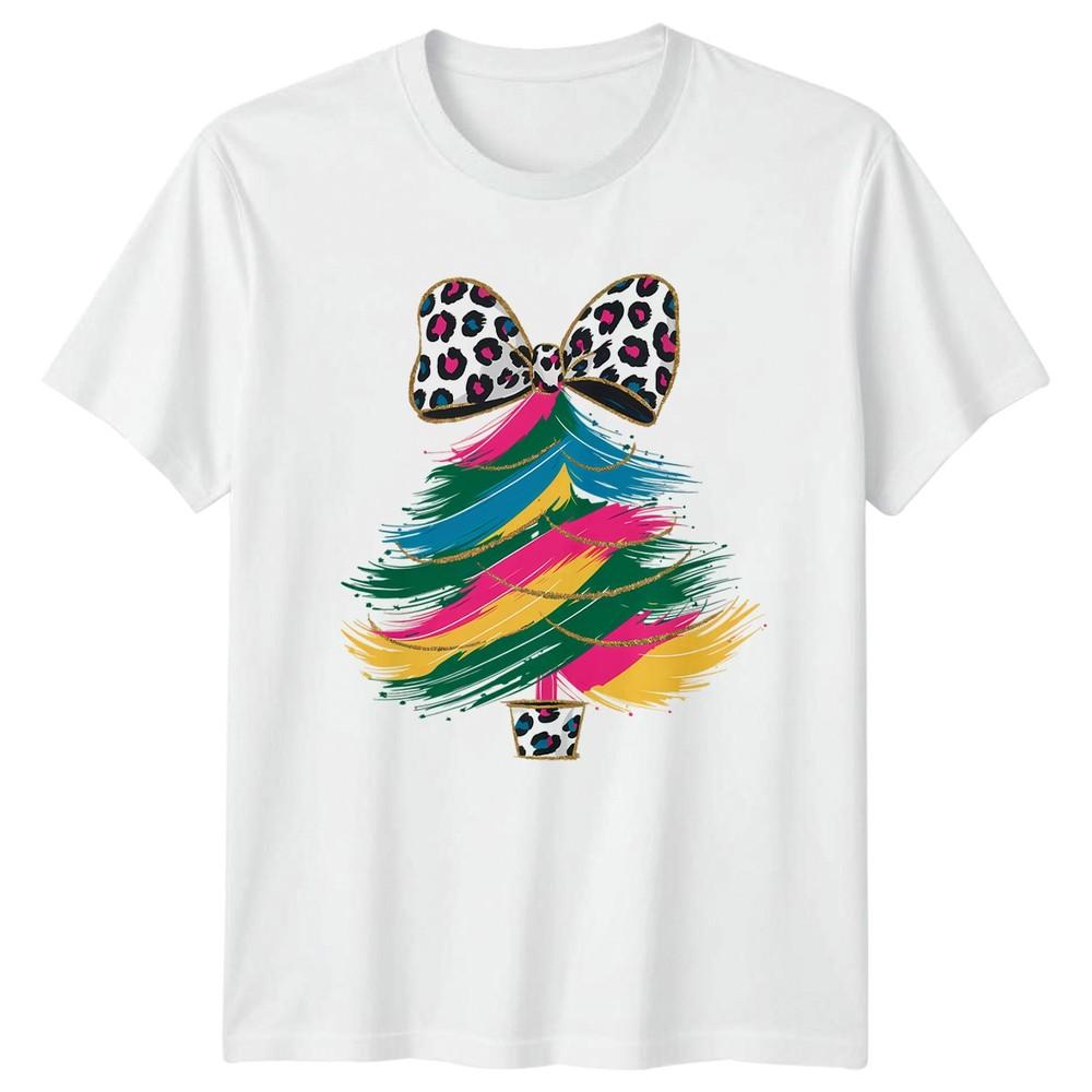 Colorful Christmas Tree Leopard Print Bow Holidays Unisexs Unisexs Graphic Tee