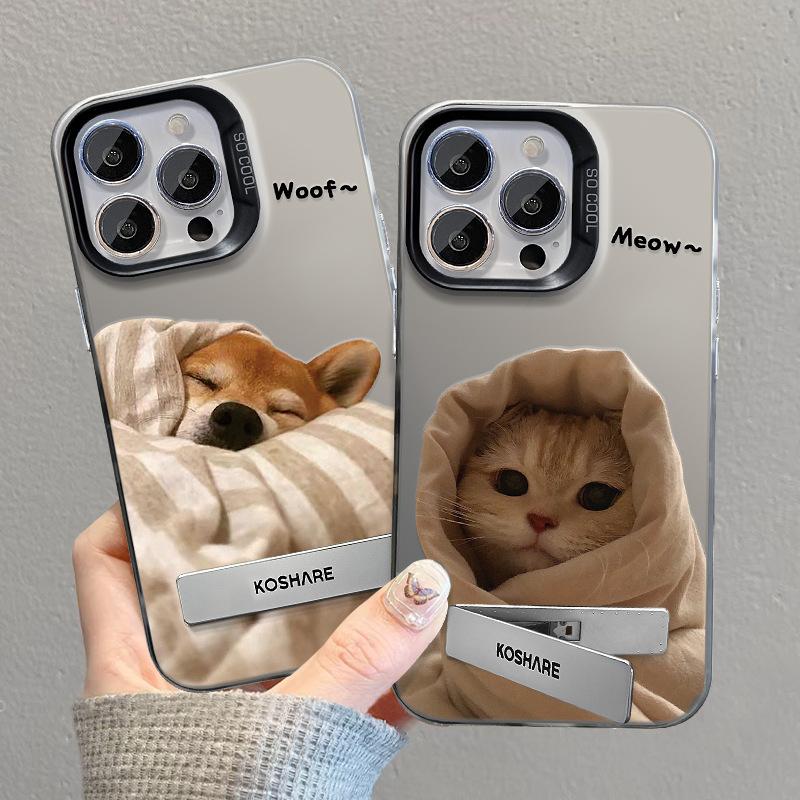 Подходит для чехла для мобильного телефона Apple 13 Iphone15 Стеганый Кот и Собака Подставка 14 Цветов Серебристый Матовый 14 Пар Высококачественный