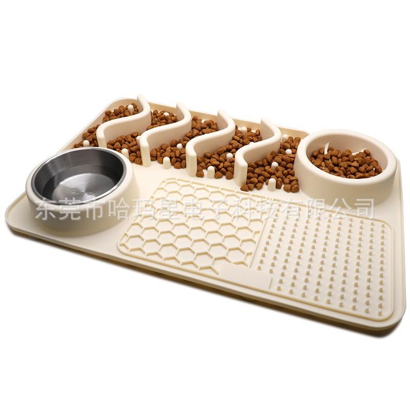 Silicone Pet Slow Feeder Bowl Mat Cats Dogs With Stainless Steel Bowls Non-Slip Anti-Spill Food Tray