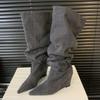 Мода Мода Серые Остроносые Сапоги до Колена Женские Удобные на танкетке Дизайнерский бренд botas para mujer высококачественные Осенние Длинные женские сапоги