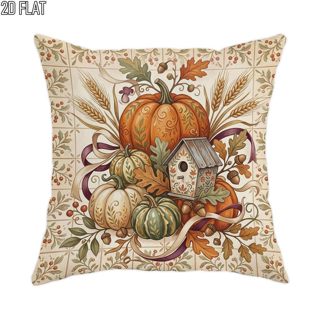2D Flat - 1pc 2D Flat Throw Pillow Covers Autumn Harvest Pumpkin Birdhouse Wheat Rustic Orange Green Beige Soft Velvet Washable Pattern Pillow Covers