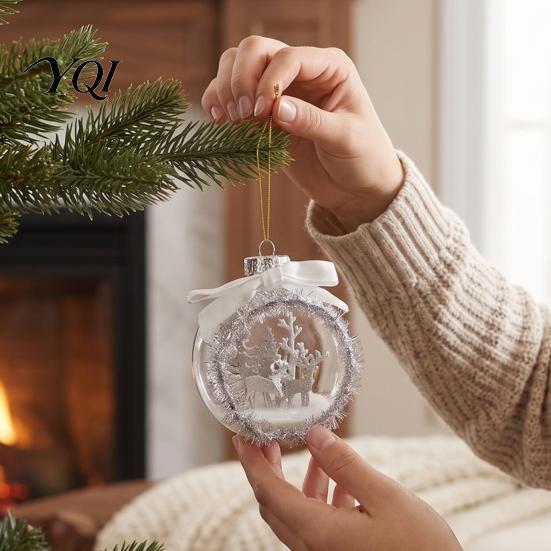 Plastic Holiday Balls Opening Christmas Ball Ornament with Bow, Tree Reindeer Snow Scene Windows Decorative Ornaments Inside Hanging Clear Ball, Xmas