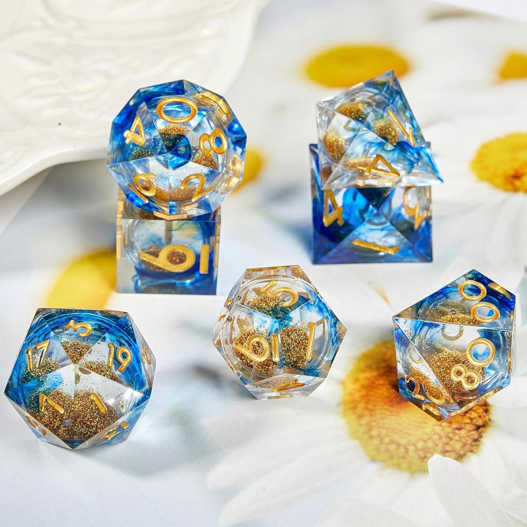 DND Dice Set Magic Rings Sharp Edge Resin Dice with Metal Box, Transparent Dice Handmade Lightning Polyhedral for RPG, MTG Dice Pathfinder Shadowrun