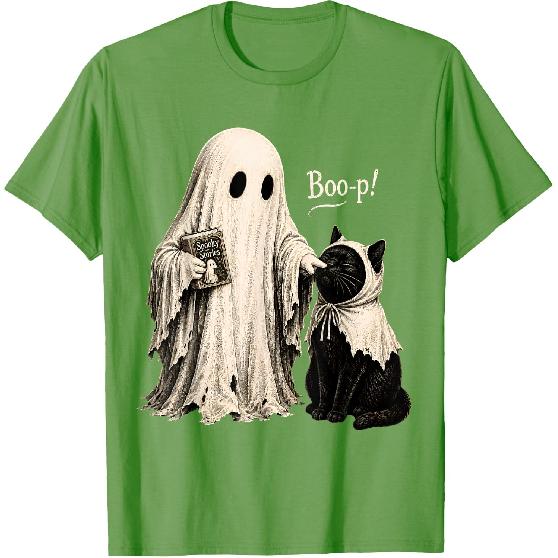 Vintage Halloween Spooky Book Ghost with Black Cat Boo-p T-Shirt