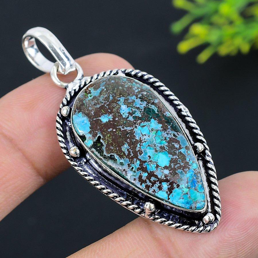 Natural Tibetan Turquoise Gemstone 925 Sterling Silver Pendant 2.29" F2A68