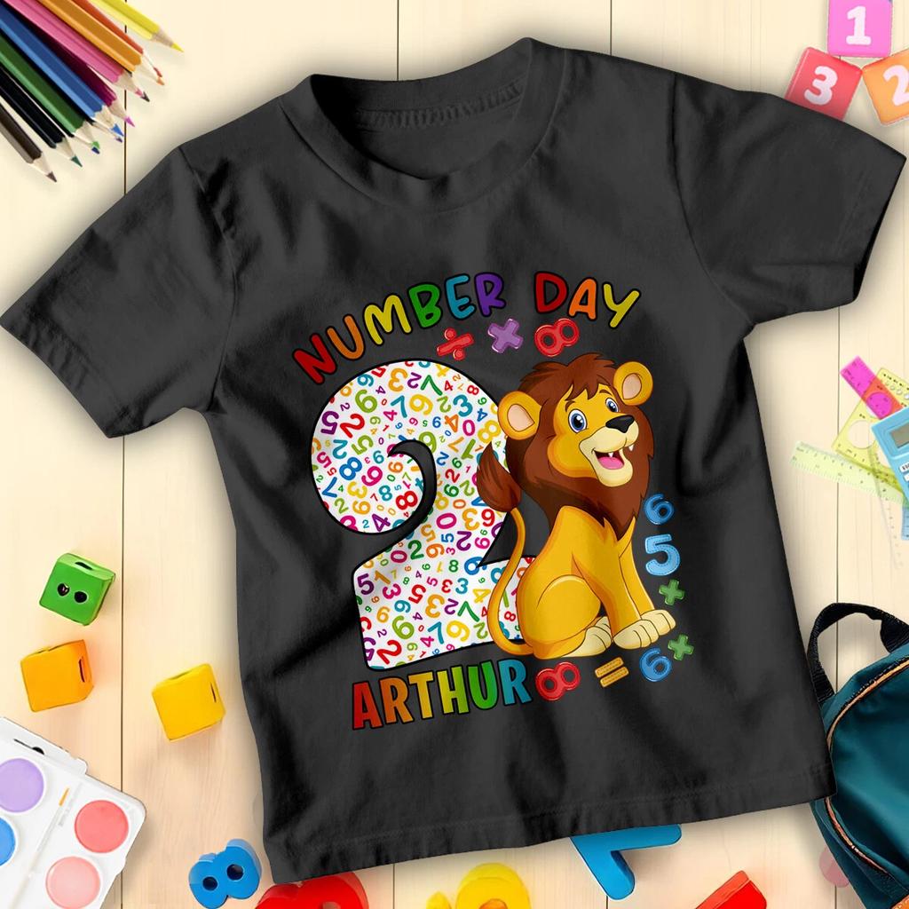 Personalised Boys Girls Cartoon Lion Number Day Maths Day T-Shirt for Kids #ND