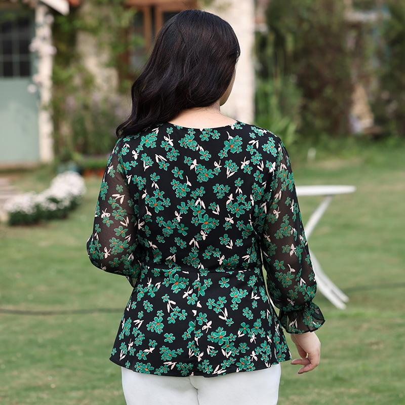 Плюс Размер Женский Весна Новый Шифоновый Цветочный Раструб Рукава Темперамент V-образный Вырез Топ