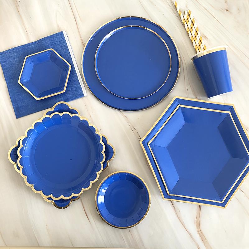 Одноразовая посуда голубого цвета, бумажные тарелки для вечеринок, стаканчики, трубочки, сувениры для детского душа, товары для дня рождения, золотые украшения для вечеринок, карнавала, свадьбы