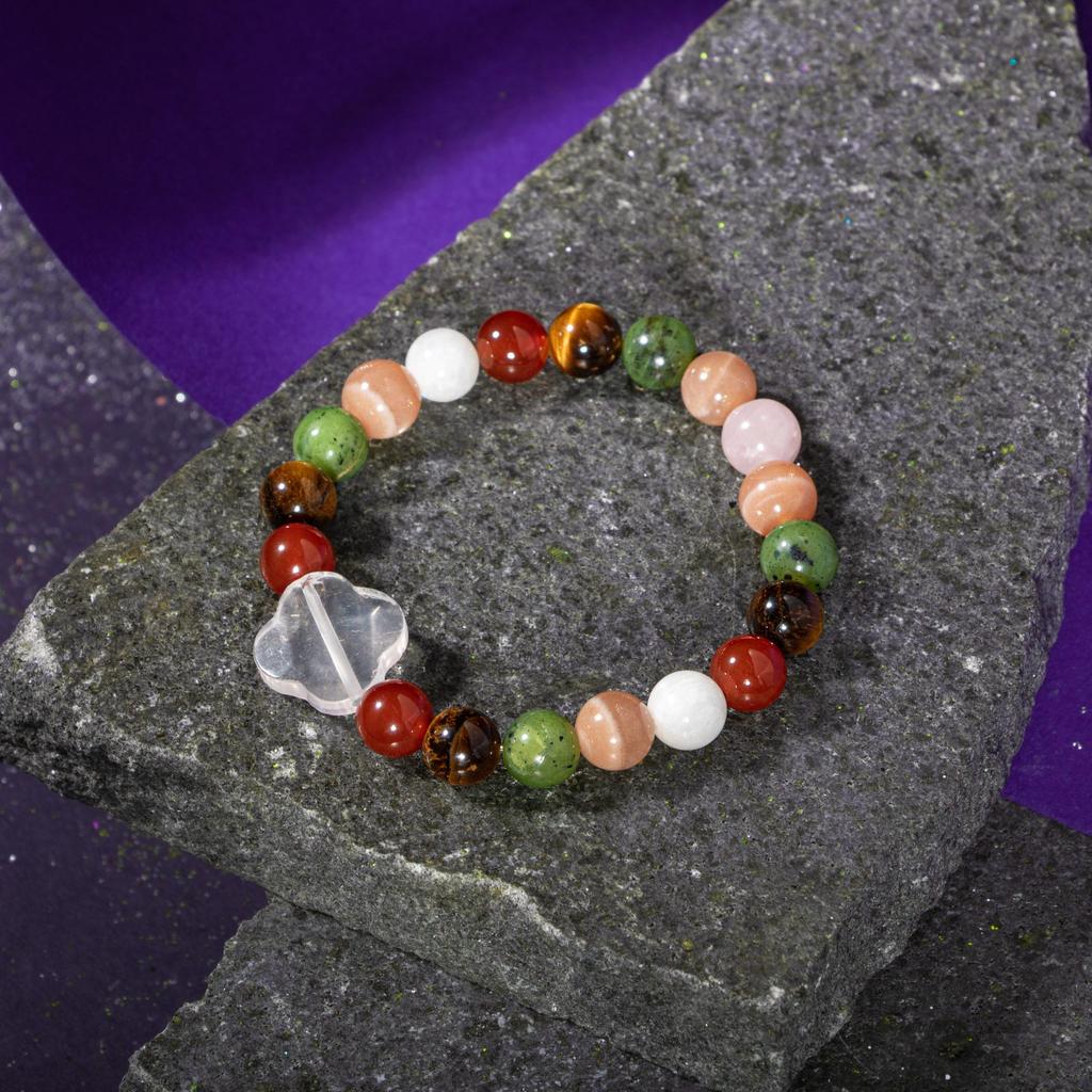Браслет Близнецы Лунный камень, Солнечный камень, Тигровый глаз, Красный агат, Розовый кварц, Нефрит