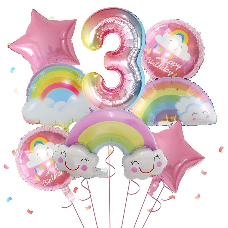 8pcs Rainbow Smile Cloud Balloon 30 inch Gradient Number Foil Balloons 1-9 Year Old Kids Birthday Party Decors Baby Anniversary