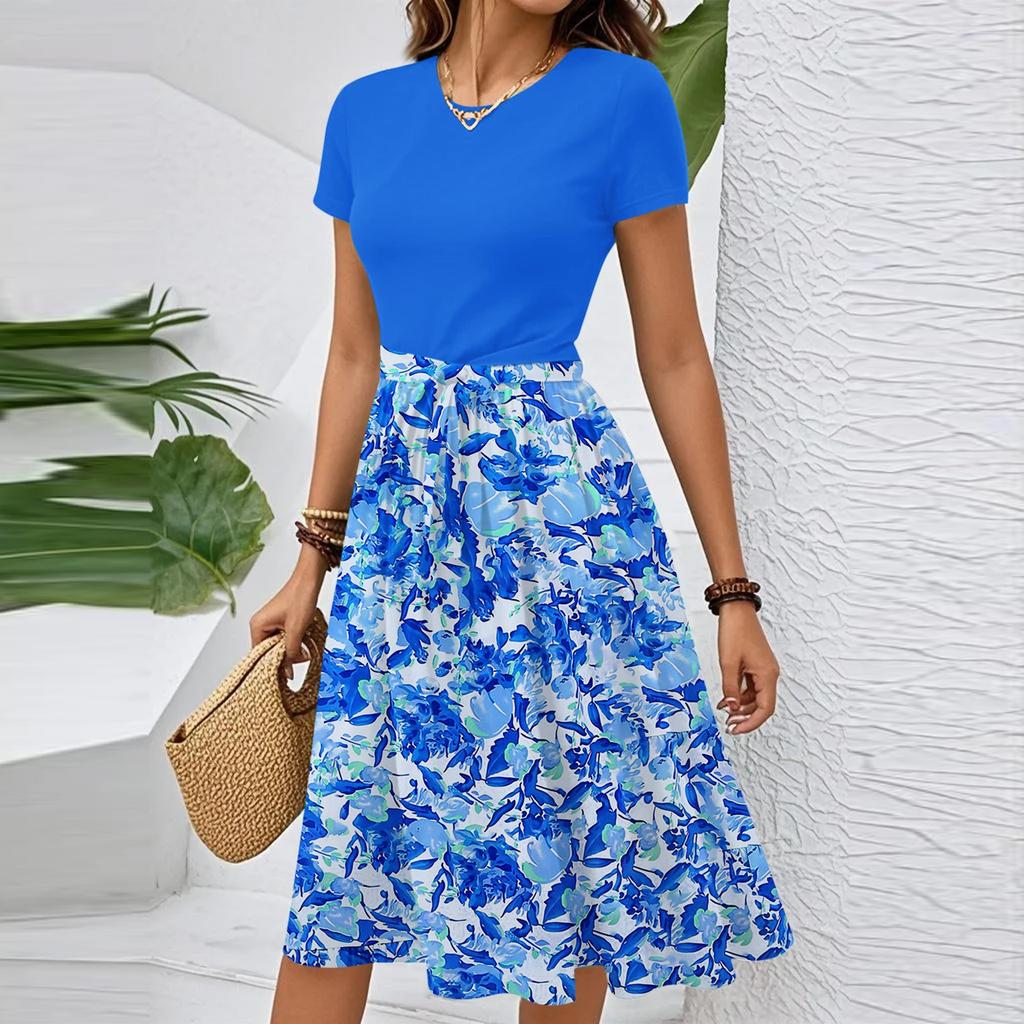 Women's Casual Fashion Belted Floral Print Short Sleeve Round Neck Elegant Dress