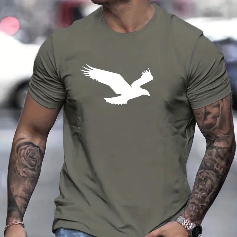 2024 Summer New Men's Simple Fashion Loose T-Shirt Eagle Print Round Neck Solid Color Short-Sleeved T-Shirt Casual Daily Tops