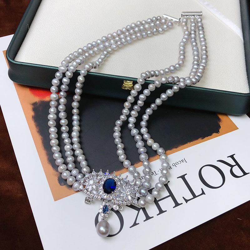 5-6mm Near Round Grey Freshwater Pearl Necklace Three-Layer Fan Choker