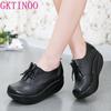 Fashion GKTINOO New Women's Genuine Leather Platform Shoes Wedges Black Lady Casual Shoes Swing Lace Up High Heels Shoe Plus Size 34-43