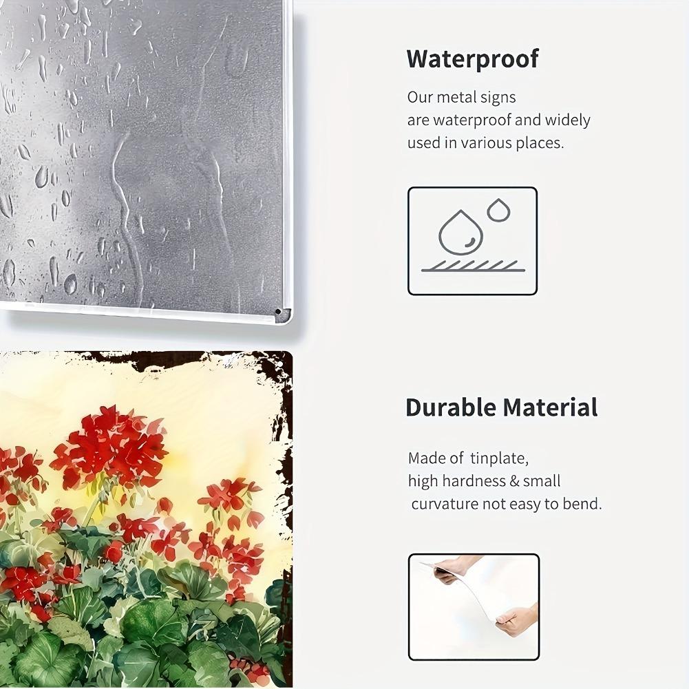 Плоский 2D, 1 Ручная роспись, Железное настенное украшение - Яркие красные герани и зеленые лозы в деревенском жестяном горшке, 20x30 см / 8x12 дюймов