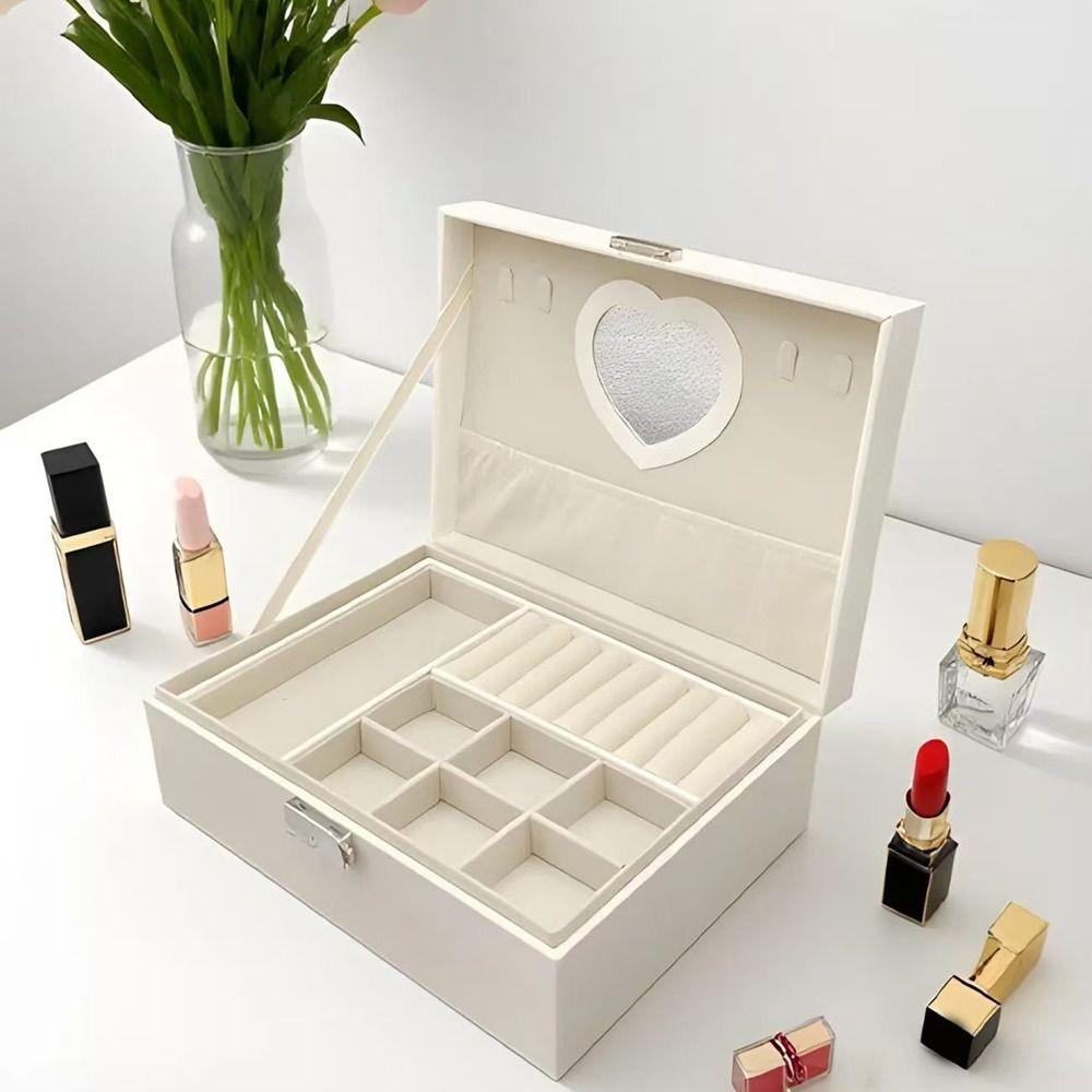 Large Capacity Double Layer Jewelry Box PU Jewelry Display Case Practical Cosmetics Box Rings