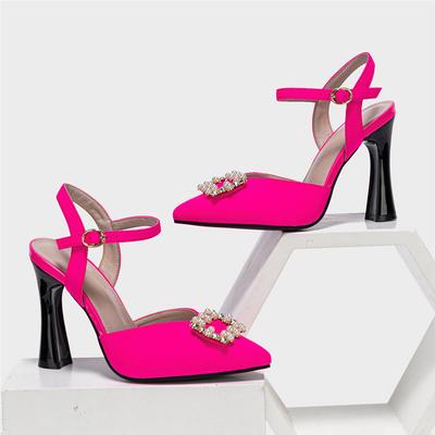 Женские летние туфли с острым носком и розовым жемчугом, большие размеры, туфли на высоком каблуке с ремешком на щиколотке, элегантные туфли-лодочки отличного качества