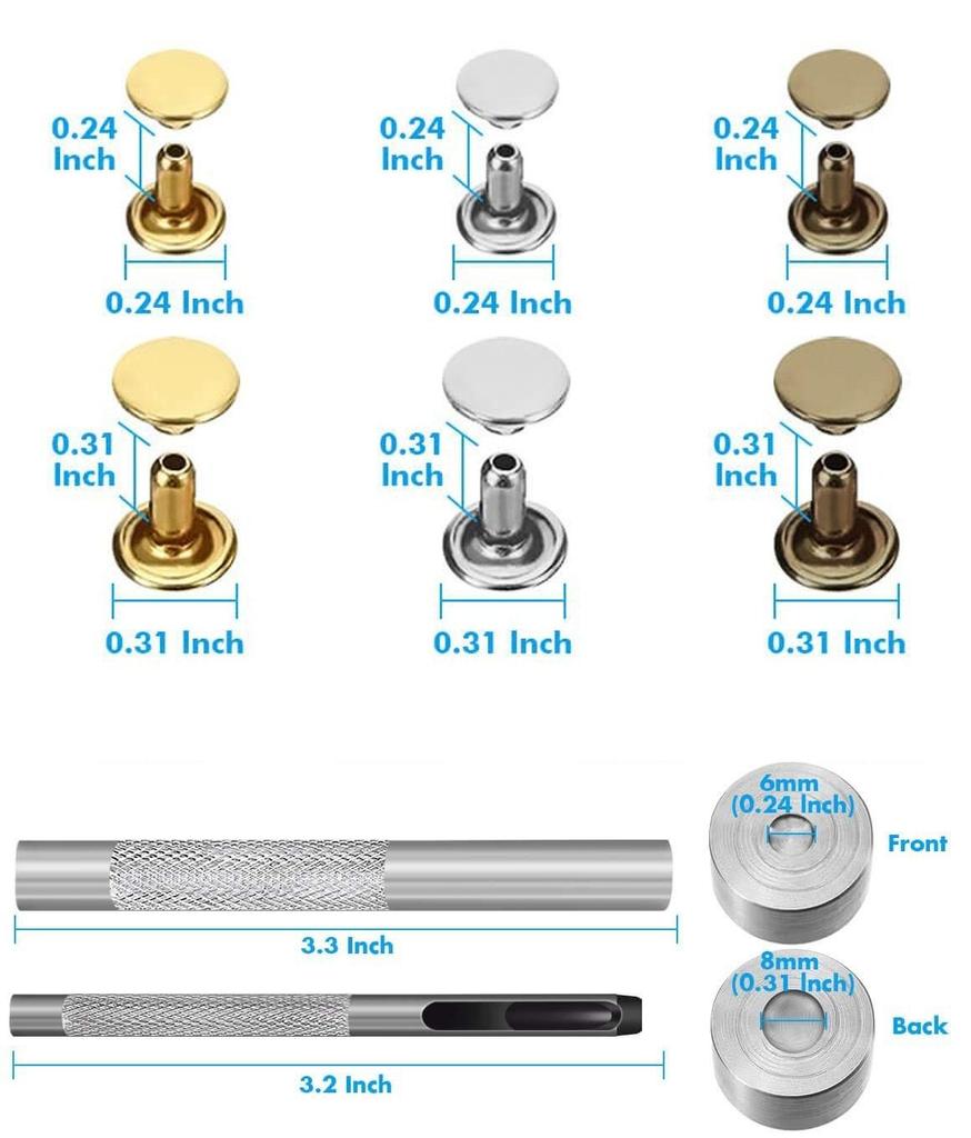 240Pcs Leather Rivets Double Cap Rivet Metal Studs with Punch Pliers and 3 Pieces Setting Tool Kit for Leather Craft Repairs Decoration