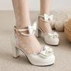 Fashion Spring Pearl Ankle Strap Women High Heels Mary Jane Pumps Party Wedding Cosplay White Pink Bow Princess High-heeled Lolita Shoes