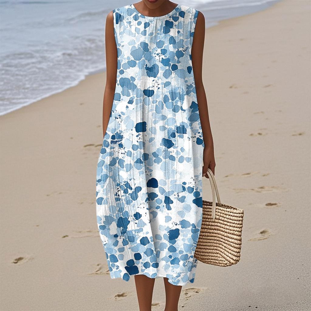 Women's Fashion Casual Sleeveless Round Neck Floral Elegant Temperament Dress